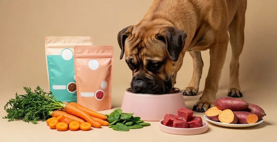 Perro con una dieta de carne y verduras