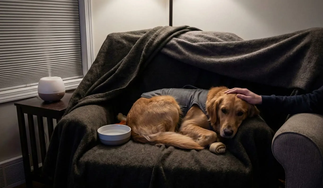 Perro asustado durante una noche de fuegos artificiales
